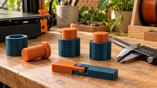 Orange and teal 3D-printed fit-test parts with digital calipers on a maker workbench