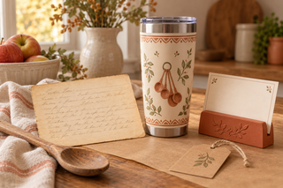 Vintage handwritten recipe card beside a kitchen-themed tumbler, terracotta recipe-card stand, and kraft gift tag