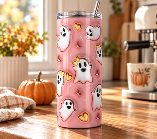 Illustrative mockup of white ghosts and yellow hearts on a pink Halloween tumbler