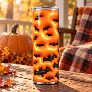 Illustrative mockup of an orange bat-pattern tumbler on an autumn porch