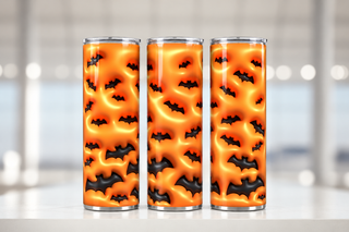 Illustrative mockup showing three views of one orange tumbler with black bats