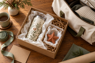 Botanical tumbler and 3D-printed star ornament protected in tissue inside a kraft gift box beside a canvas travel bag