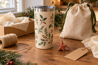 Cream botanical tumbler, terracotta star straw topper, kraft tag, tissue paper, and reusable gift bag arranged for a holiday gift exchange