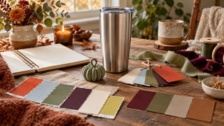 Warm craft table with a blank tumbler, small 3D-printed pumpkin, ribbons, and coordinated color swatches