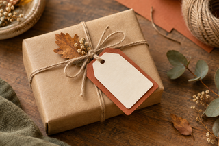 Illustrative kraft-wrapped gift with a rust and cream paper tag