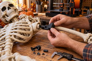 A maker test-fitting a black 3D-printed replacement connector on a Halloween skeleton decoration