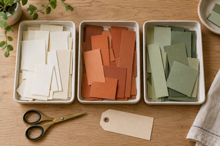 AI-generated illustration of cardstock scraps sorted into color trays