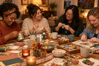 Four friends talking and smiling while making paper, wood, scrapbook, and 3D-printed crafts together
