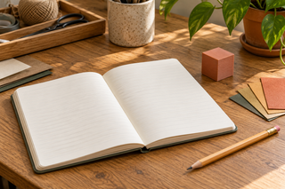 AI-generated illustration of a craft notebook with paper samples and a printed test cube