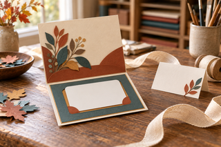 Layered paper gift-card holder with a blank gift card and note on a warm craft-studio table
