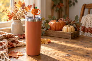 Illustrative terracotta tumbler with a cheerful 3D-printed pumpkin straw topper in a warm autumn setting