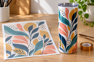 Muted sublimation transfer print beside a vibrant finished tumbler showing the same abstract botanical pattern
