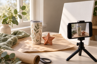 Cream botanical tumbler and terracotta 3D-printed star in a simple window-light photography setup with a white reflector and phone tripod