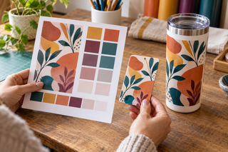 Maker comparing a sublimation color chart with a pressed sample and finished botanical tumbler