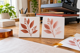 Side-by-side sublimation samples showing a crisp botanical transfer and a faint offset ghosted transfer