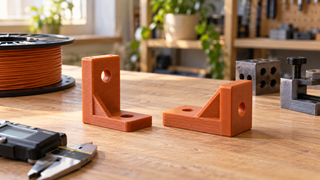 Two identical orange 3D-printed brackets resting in different orientations on a maker workbench