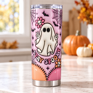 Stay Spooky ghost — one stainless steel tumbler in kitchen setting