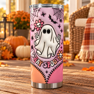 Stay Spooky ghost — one stainless steel tumbler in porch setting