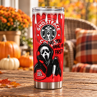 Screaming-mask coffee parody — one tumbler in porch setting
