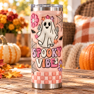 Spooky Vibes ghost — one tumbler in porch setting