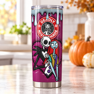 Deadly Nightshade skeleton and patchwork couple — one tumbler in kitchen setting