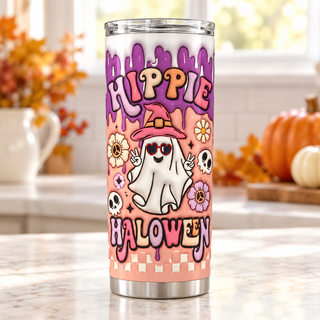 Hippie Halloween witch-hat ghost — one tumbler in kitchen setting