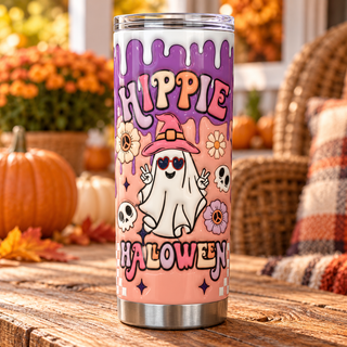 Hippie Halloween witch-hat ghost — one tumbler in porch setting