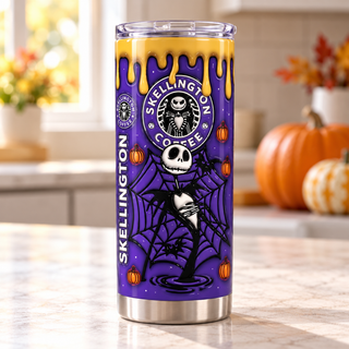 Skeleton coffee parody on purple — one tumbler in kitchen setting