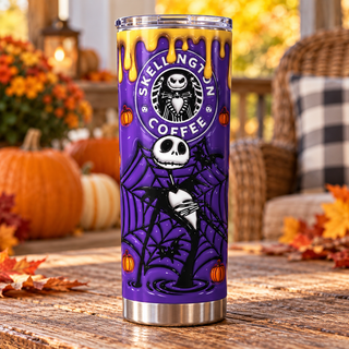 Skeleton coffee parody on purple — one tumbler in porch setting