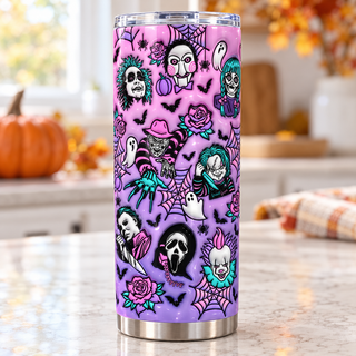Horror portraits and roses on purple — one tumbler in kitchen setting