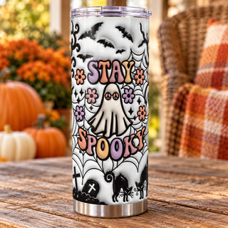Stay Spooky ghost and flowers — one tumbler in porch setting