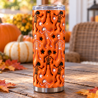 Dancing skeletons on orange — one tumbler in porch setting