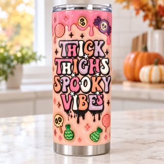 Thick Thighs Spooky Vibes — one tumbler in kitchen setting