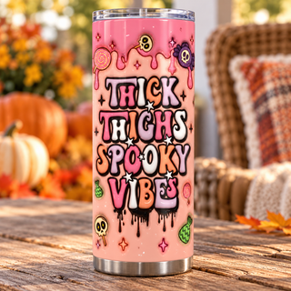 Thick Thighs Spooky Vibes — one tumbler in porch setting