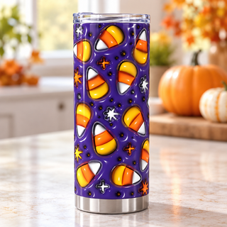 Candy corn on purple — one tumbler in kitchen setting
