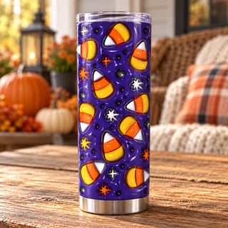 Candy corn on purple — one tumbler in porch setting