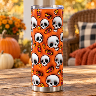Skulls and Halloween candy on orange — one tumbler in porch setting
