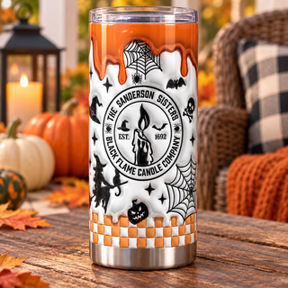 Witch Candle: white-orange — one tumbler in porch setting