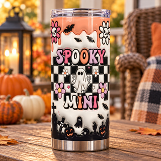 Spooky Mini: ghost and checkerboard — one tumbler in porch setting