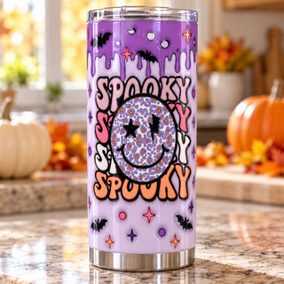 Spooky repeated lettering with leopard smiley — one tumbler in kitchen setting