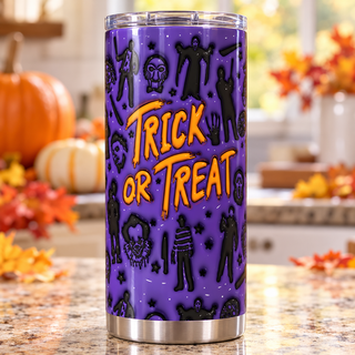 Trick or Treat: purple skeleton pattern — one tumbler in kitchen setting