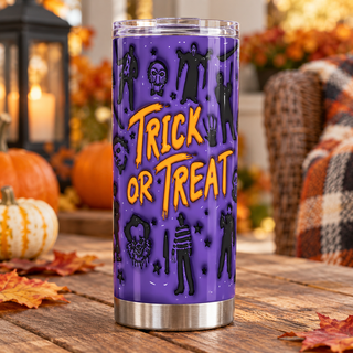 Trick or Treat: purple skeleton pattern — one tumbler in porch setting