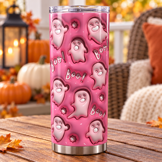 Pink ghosts with Boo — one tumbler in porch setting