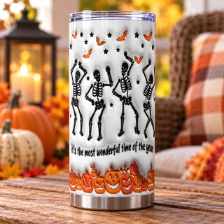 Its the Most Wonderful Time of the Year: dancing skeletons — one tumbler in porch setting