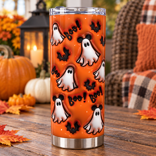 Ghosts, bats and Boo on orange — one tumbler in porch setting