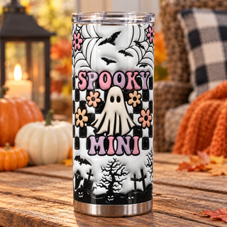 Spooky Mini: ghost, checkerboard and graveyard — one tumbler in porch setting
