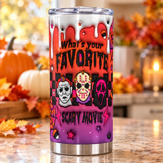 Whats Your Favorite Scary Movie: horror masks — one tumbler in kitchen setting