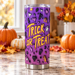 Trick or Treat: purple Halloween icon pattern — one tumbler in kitchen setting