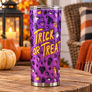 Trick or Treat: purple Halloween icon pattern — one tumbler in porch setting