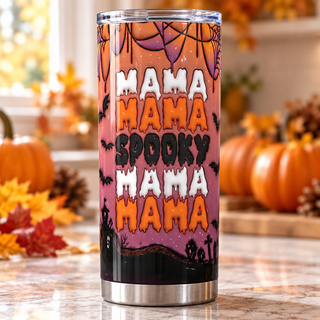 Spooky Mama repeated lettering on graveyard — one tumbler in kitchen setting